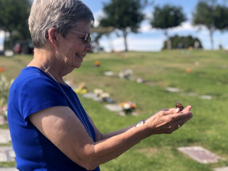 Sister Rosemary Nicholson holds a painted lady butterfly during a Día de los Muertos event at Holy Cross Cemetery, November 1, 2023.