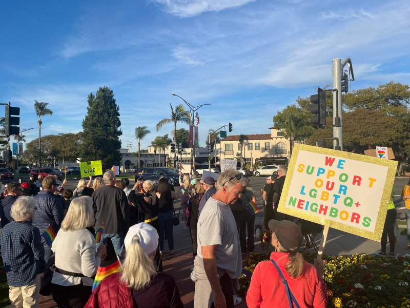 Coronado residents protest the Hotel Del hosting an Awaken Church service. Courtesy @dems4equality and Twitter/X