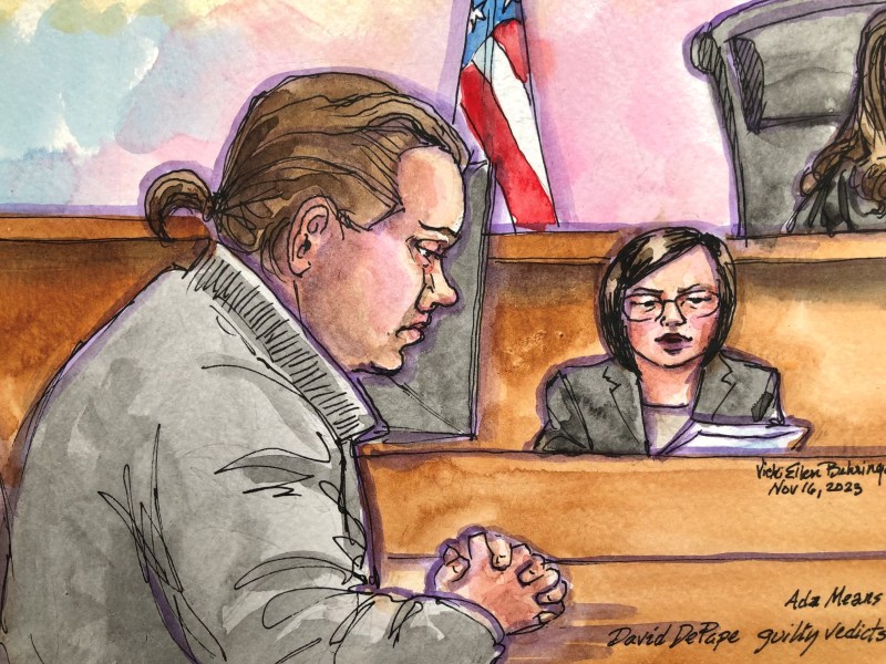 Courtroom deputy Ada Means reads the guilty verdict to convict David Wayne DePape of a hammer attack on Paul Pelosi, the husband of former U.S. House Speaker Nancy Pelosi, in a federal court in San Francisco, California, U.S., November 16, 2023, in this courtroom sketch. REUTERS / Vicki Behringer / File Photo
