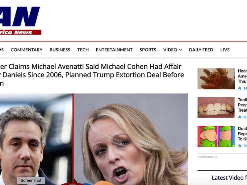 Screen shot of OAN report on allegations of a Stormy Daniels-Michael Cohen affair.