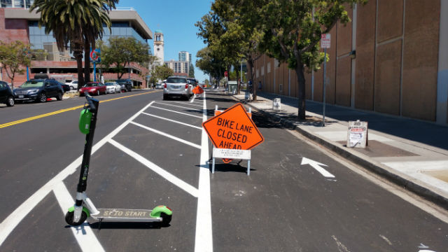 A protected bike lane on Beech Street