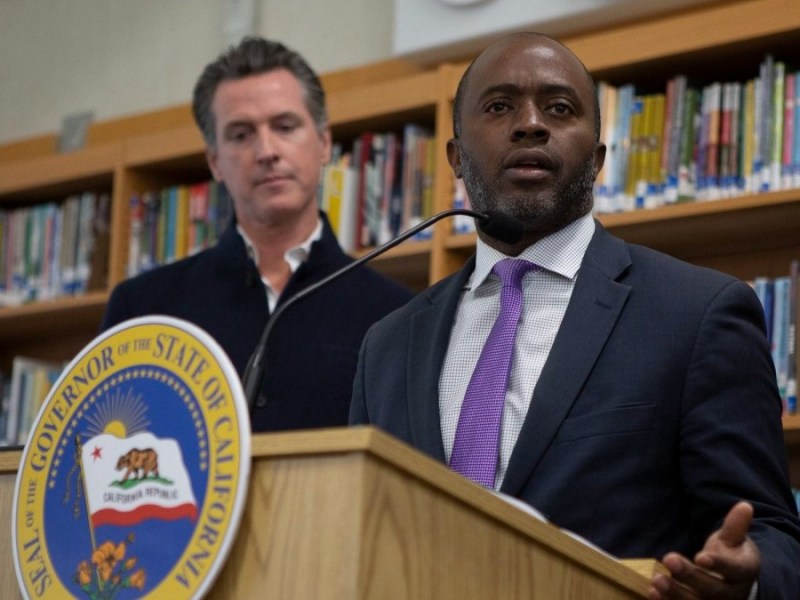 Tony Thurmond at a press conference